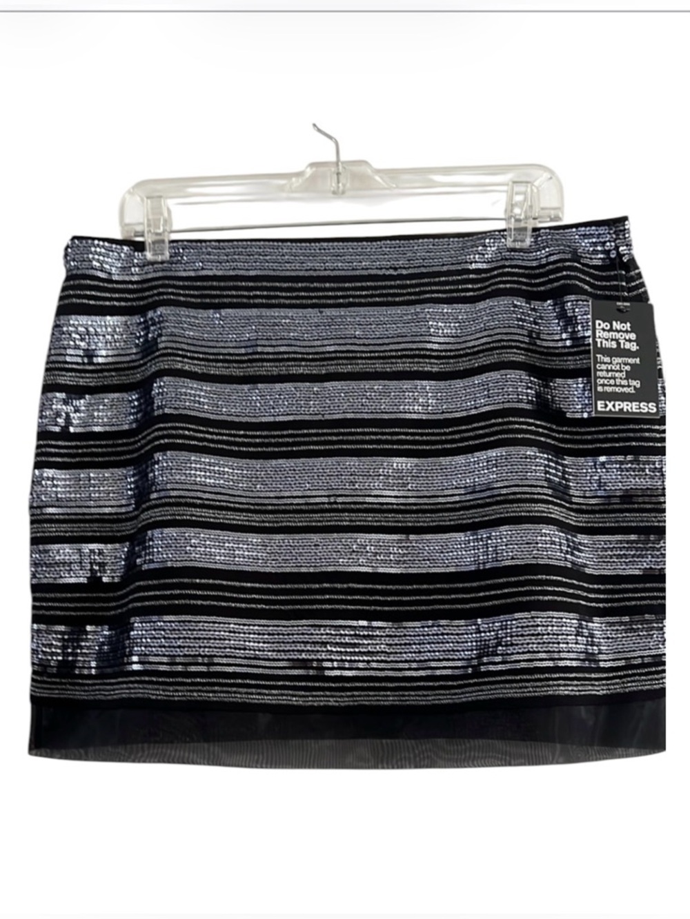 Express Sequin Striped Mini Skirt Black Silver 12 NWT - Picture 2 of 10